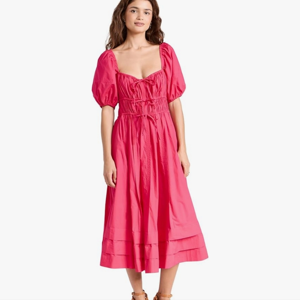 Ulla Johnson Palma Vibrant Barbie Pink Peasant Cotton Puff Sleeve Midi Dress - Picture 16 of 16